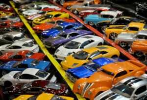 rows of collectable toy cars lined up neatly